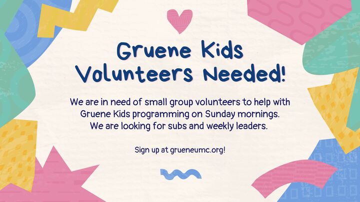 Volunteer Opportunity: Gruene Kids Subs & Small Group Leaders logo
