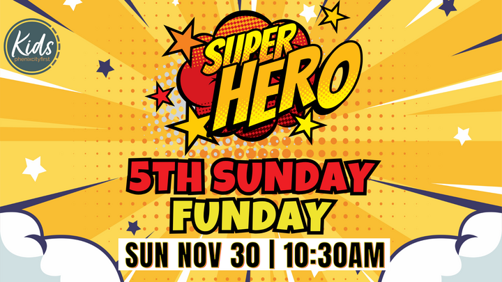 PCF KIDS Superhero 5th Sunday Funday logo